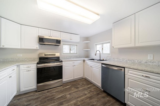 kitchen featuring sink, white cabinets, light stone counters, dark hardwood / wood-style floors, and stainless steel appliances