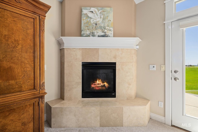 8585 W Rioja St, Star, ID 83669 - detailed view of a tiled fireplace, baseboards, and carpet flooring