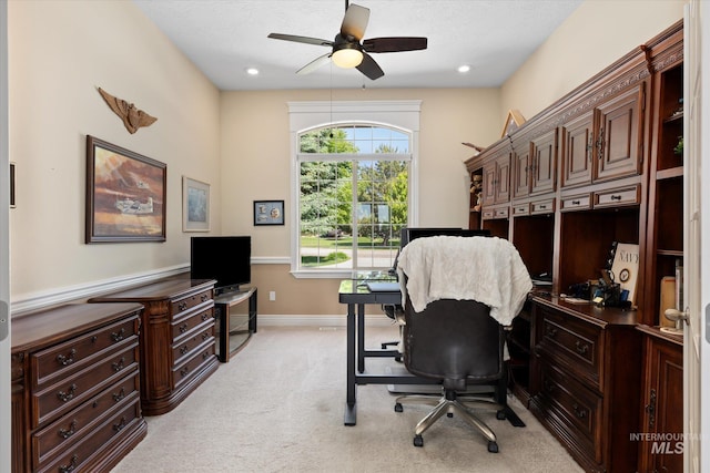8585 W Rioja St, Star, ID 83669 - home office with a ceiling fan, light carpet, baseboards, and recessed lighting