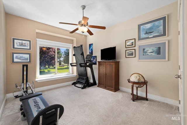 8585 W Rioja St, Star, ID 83669 - workout room featuring carpet, a ceiling fan, and baseboards