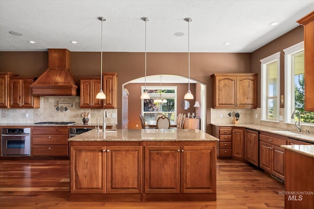 8585 W Rioja St, Star, ID 83669 - kitchen featuring stainless steel appliances, a sink, arched walkways, dark wood-style flooring, and custom range hood