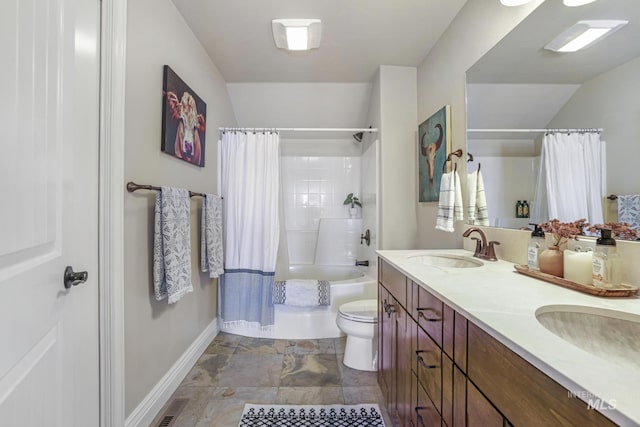 full bathroom with toilet, vanity, shower / bath combination with curtain, and lofted ceiling