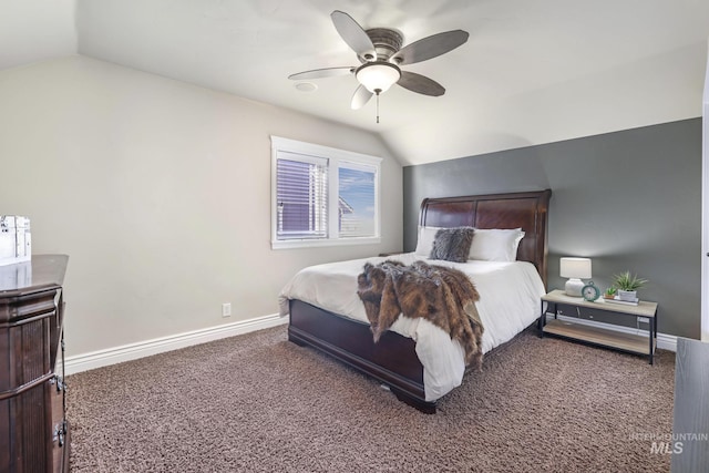 carpeted bedroom featuring ceiling fan and lofted ceiling