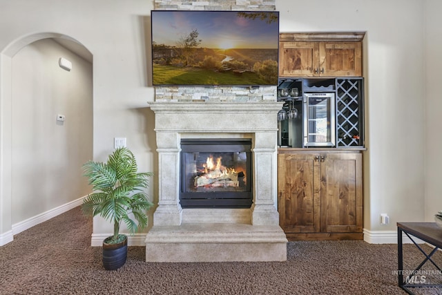 details with a premium fireplace and carpet