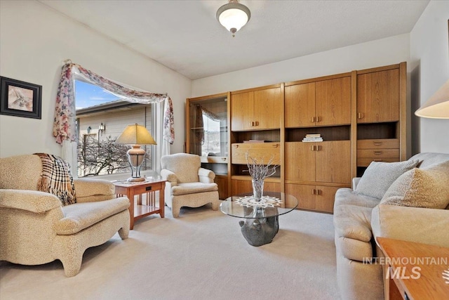 living area featuring light colored carpet