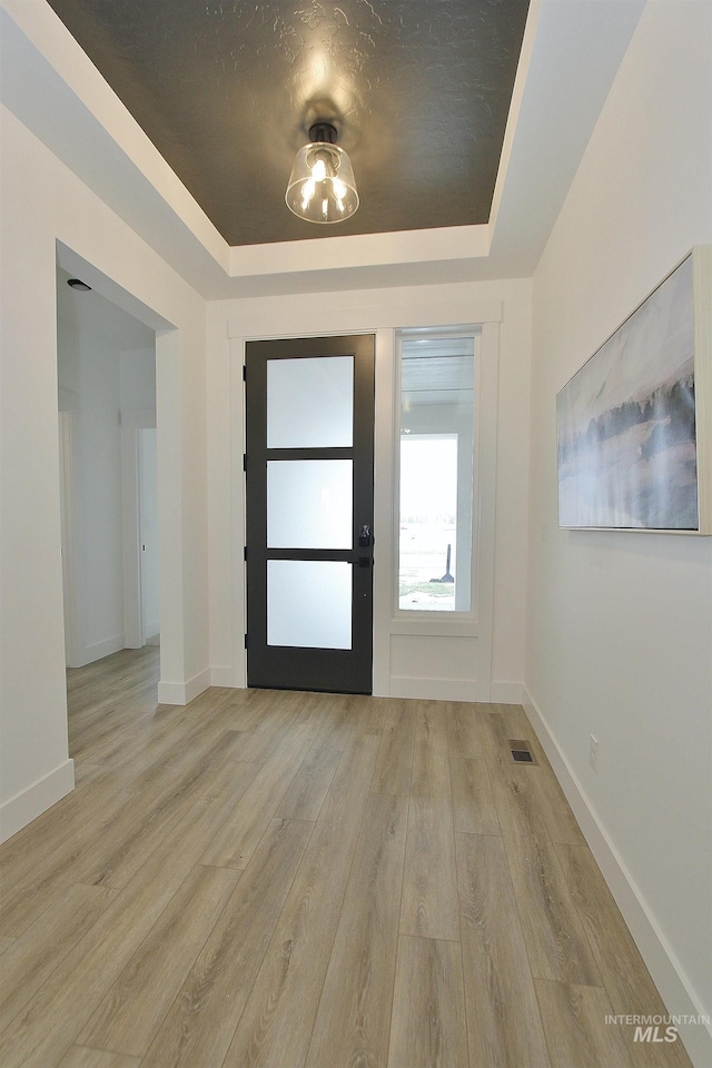 entryway featuring a tray ceiling and light hardwood / wood-style flooring