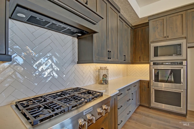 5728 S Keyport Way, Meridian, ID 83642 - kitchen with stainless steel appliances, premium range hood, light countertops, and backsplash