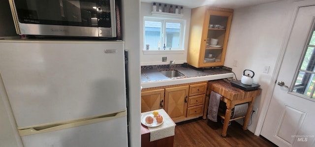 159 Chief Looking Glass Ln, Kamiah, ID 83536 - kitchen featuring freestanding refrigerator, stainless steel microwave, a sink, and healthy amount of natural light