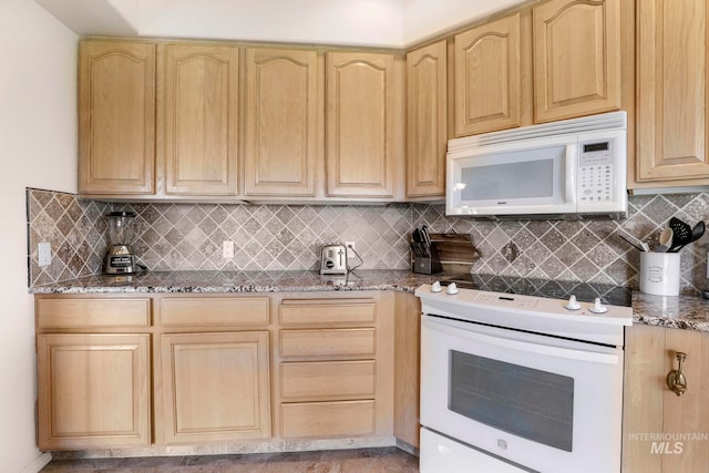 kitchen with tasteful backsplash, white appliances, light brown cabinetry, and stone counters