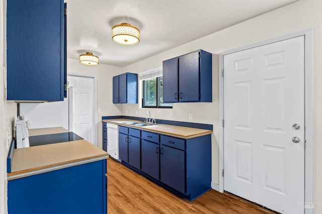 1131 Aztec Dr, Twin Falls, ID 83301 - kitchen featuring blue cabinets, a sink, electric stove, white dishwasher, and light countertops