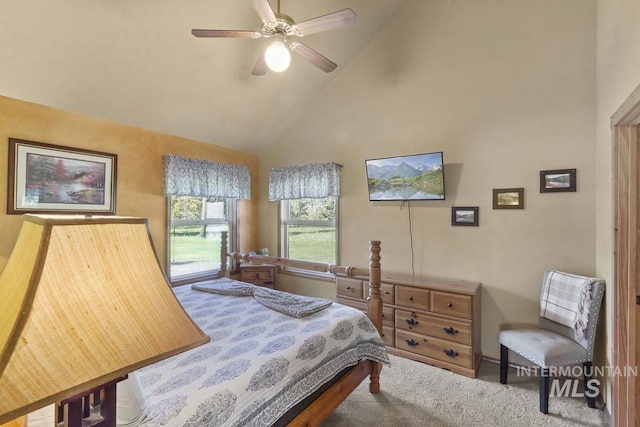 13098 Hillhouse Loop, Donnelly, ID 83615 - bedroom featuring high vaulted ceiling, carpet, and a ceiling fan