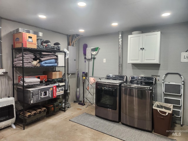 131 Beaver Nob Dr, Kamiah, ID 83536 - laundry area featuring separate washer and dryer, cabinet space, electric panel, heating unit, and recessed lighting