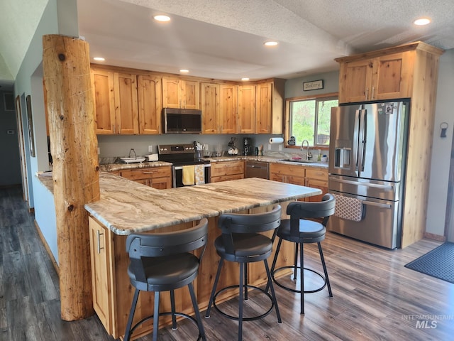 131 Beaver Nob Dr, Kamiah, ID 83536 - kitchen with stainless steel appliances, dark wood-style flooring, light stone countertops, recessed lighting, and a breakfast bar