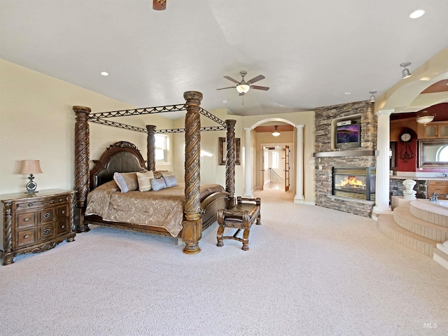 16480 Goodson Rd, Caldwell, ID 83607 - bedroom featuring ceiling fan, a fireplace, and carpet floors