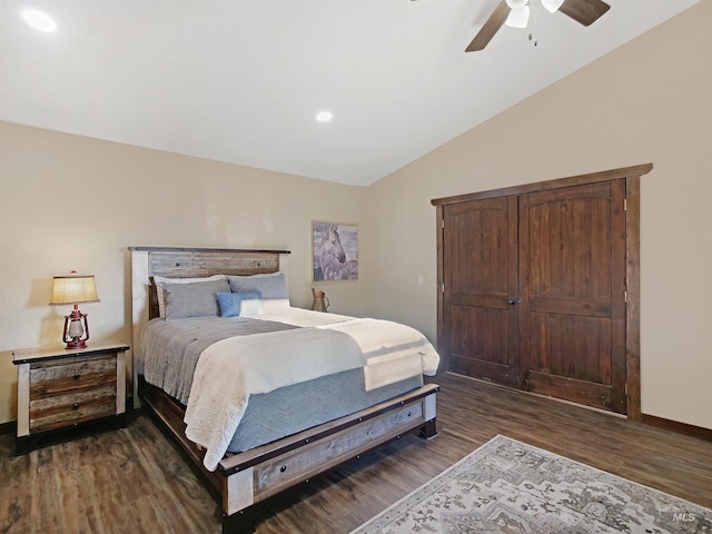 16480 Goodson Rd, Caldwell, ID 83607 - bedroom with high vaulted ceiling, ceiling fan, and dark hardwood / wood-style floors