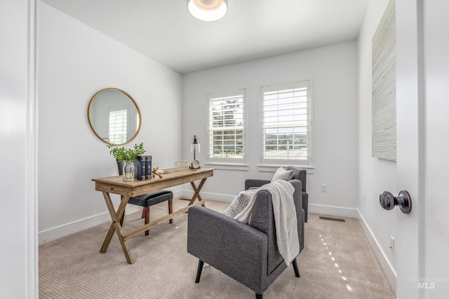 office space with light colored carpet