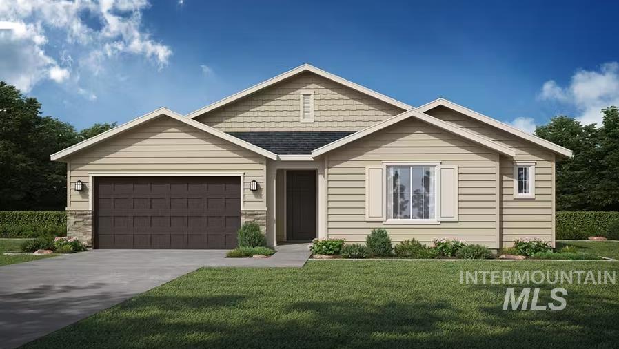 5672 N Chestnut Hill Way, Meridian, ID 83646 - ranch-style house with concrete driveway, a shingled roof, a front lawn, and a garage