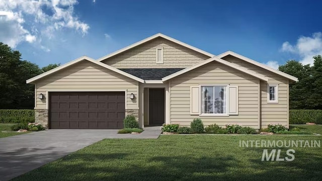 5672 N Chestnut Hill Way, Meridian, ID 83646 - ranch-style house with concrete driveway, a shingled roof, a front lawn, and a garage