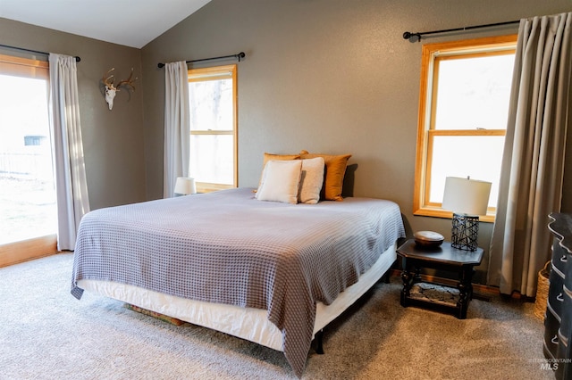 bedroom featuring access to exterior, carpet, and vaulted ceiling