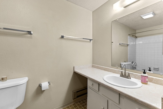 full bathroom with toilet, a baseboard radiator, walk in shower, a textured ceiling, and vanity