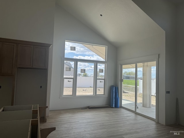 doorway to outside with light wood-type flooring and high vaulted ceiling