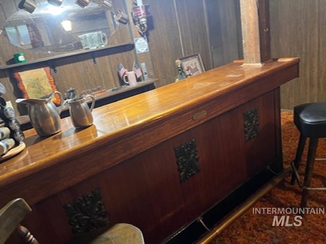 indoor dry bar featuring dark carpet and wooden walls