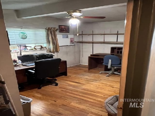 home office with a ceiling fan and light wood-style flooring