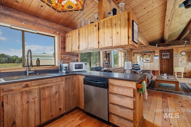 kitchen featuring sink, dishwasher, wooden ceiling, and light hardwood / wood-style flooring