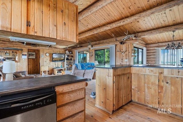 kitchen featuring rustic walls, wooden ceiling, stainless steel dishwasher, and light wood-type flooring