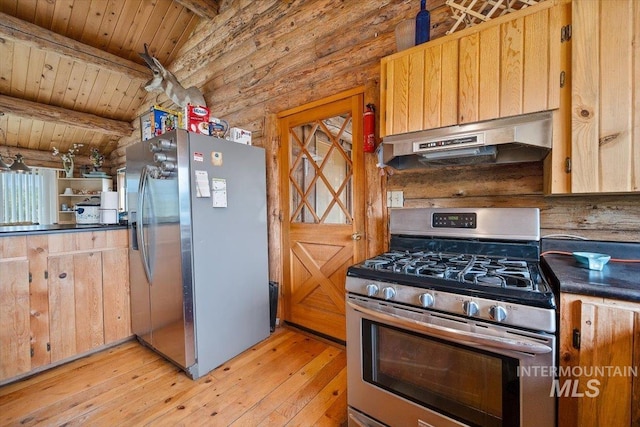 kitchen with wooden ceiling, stainless steel appliances, vaulted ceiling with beams, extractor fan, and light hardwood / wood-style floors