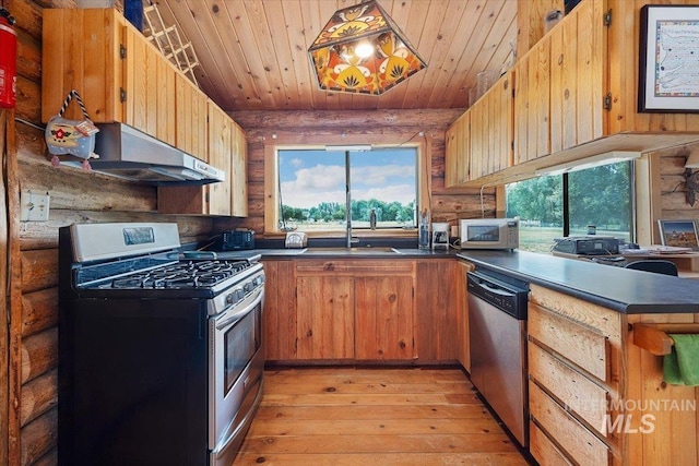 kitchen featuring dishwasher, sink, gas range oven, ventilation hood, and wood ceiling