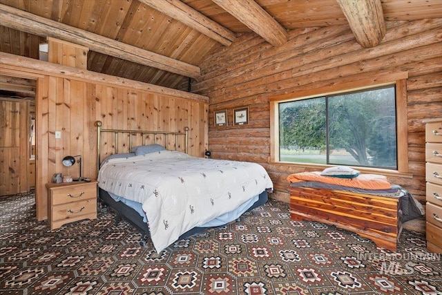 carpeted bedroom with beamed ceiling, high vaulted ceiling, wood ceiling, and log walls