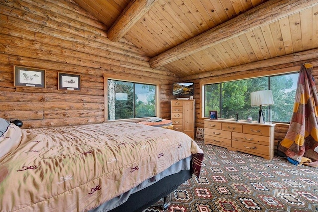 carpeted bedroom featuring lofted ceiling with beams, log walls, and wood ceiling