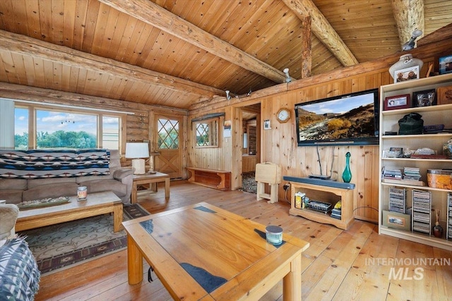 living room featuring wood-type flooring, lofted ceiling with beams, wooden ceiling, and wooden walls