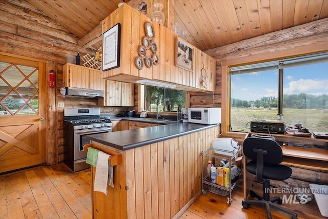 kitchen featuring rustic walls, stainless steel gas range oven, light hardwood / wood-style floors, vaulted ceiling, and extractor fan