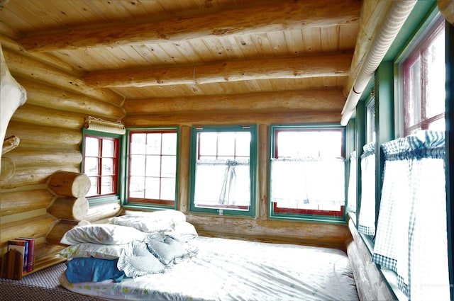 bedroom with log walls, beamed ceiling, and wooden ceiling