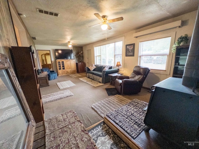300 S Morgan Ave, New Meadows, ID 83654 - carpeted living area with ceiling fan, a textured ceiling, and an AC wall unit