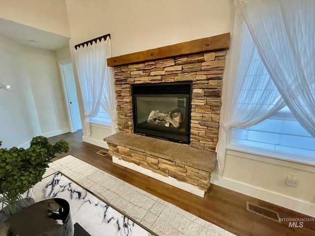 room details featuring hardwood / wood-style flooring and a fireplace