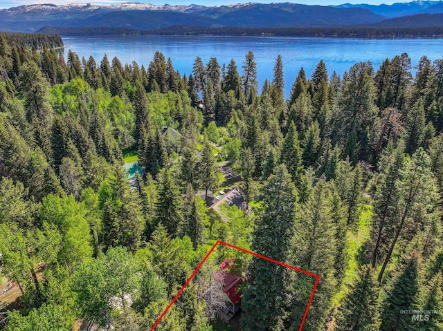 1718 Warren Wagon Rd, Mccall, ID 83638 - aerial view of property and surrounding area featuring property boundaries highlighted, a water and mountain view, and a heavily wooded area