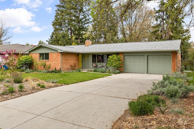 ranch-style home featuring brick siding, an attached garage, a chimney, and concrete driveway