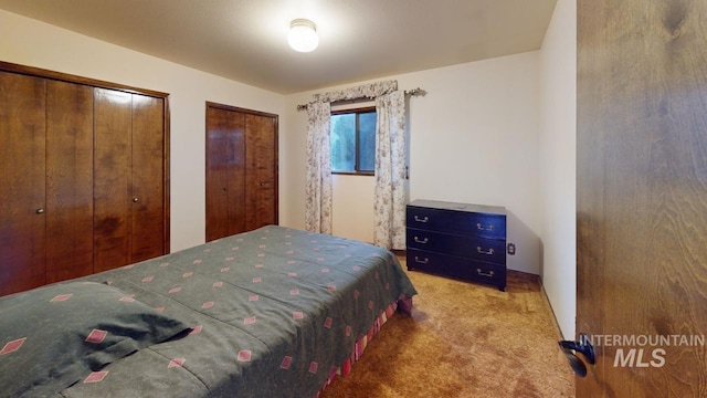 bedroom featuring multiple closets and carpet floors