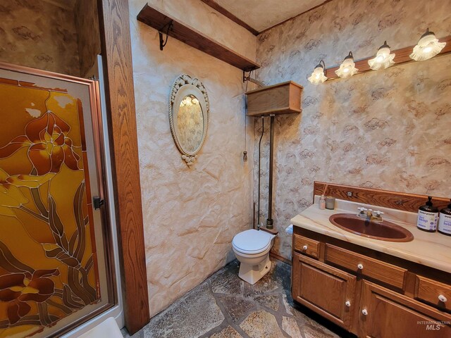 bathroom with vanity, toilet, and a shower with shower door