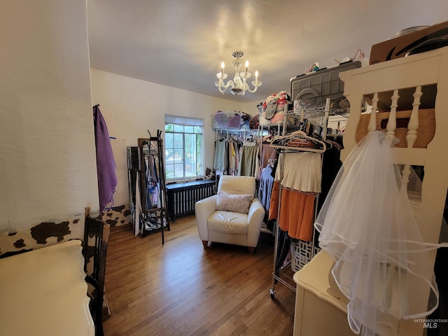 bedroom featuring a notable chandelier, hardwood / wood-style floors, and radiator heating unit