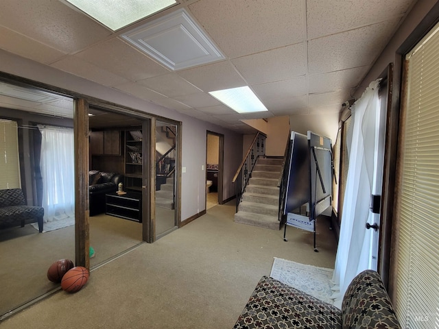 basement featuring a paneled ceiling and light colored carpet