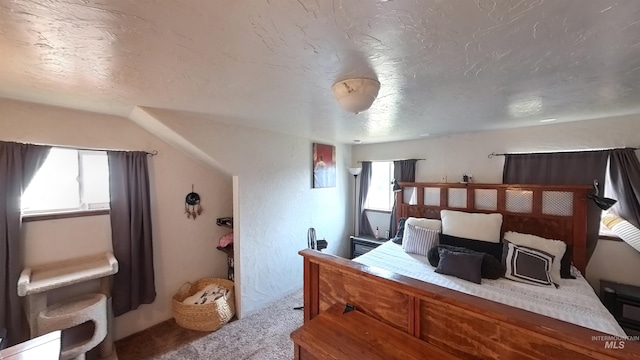 carpeted bedroom featuring multiple windows and a textured ceiling