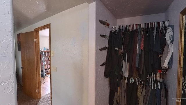 interior space featuring carpet flooring and a textured wall