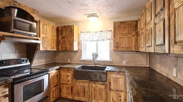 kitchen featuring sink, exhaust hood, stainless steel appliances, and backsplash