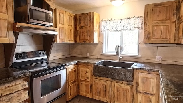 kitchen featuring stainless steel appliances, tasteful backsplash, a sink, and under cabinet range hood