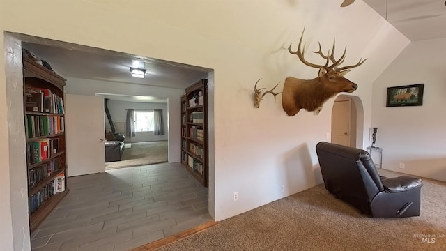 hallway featuring arched walkways and carpet flooring