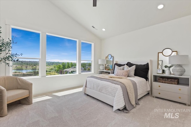 carpeted bedroom featuring a water view and lofted ceiling